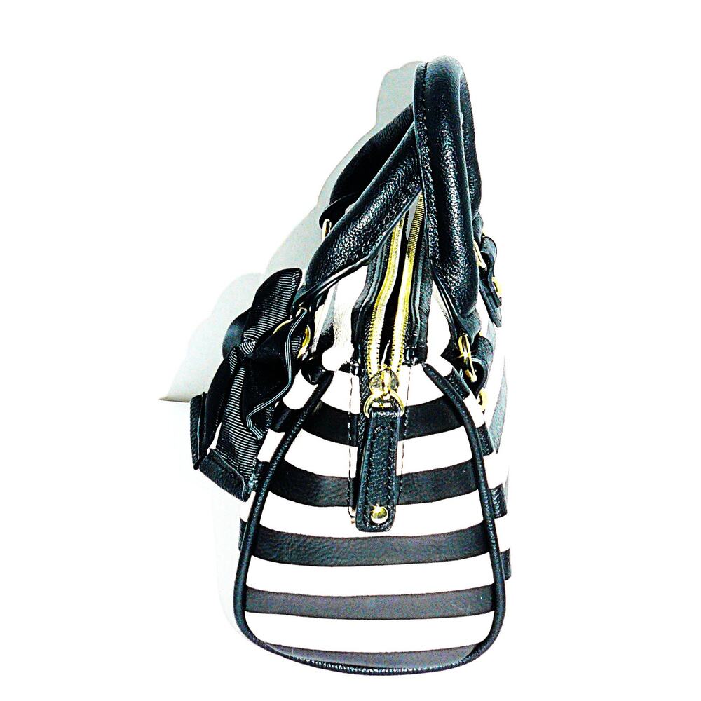 Betsey Johnson Black & White Striped Hand Shoulder Bag Bow Accent Gold Hardware - Picture 5 of 5